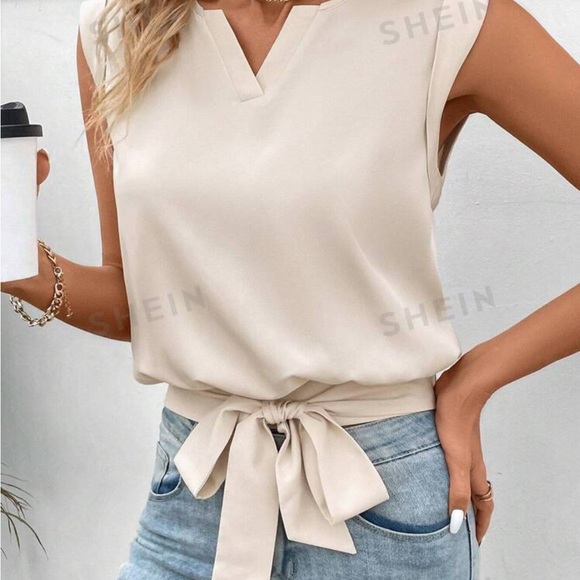 Frenchy Solid Color Notched Collar Knot Front Sleeveless Bow Blouse - Picture 6 of 6